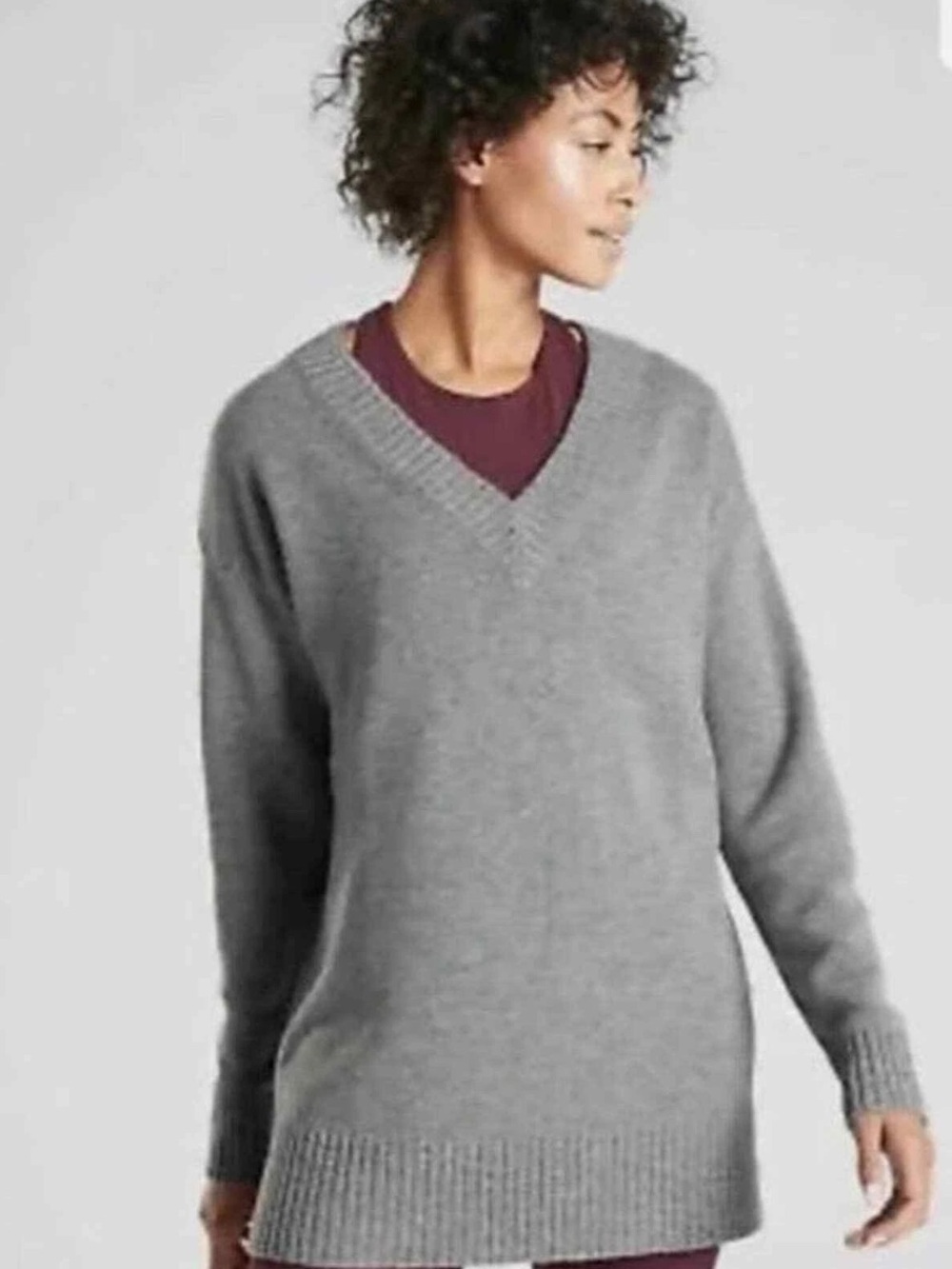 Athleta Wool Cashmere Blend V-Neck Sweater Grey size Small